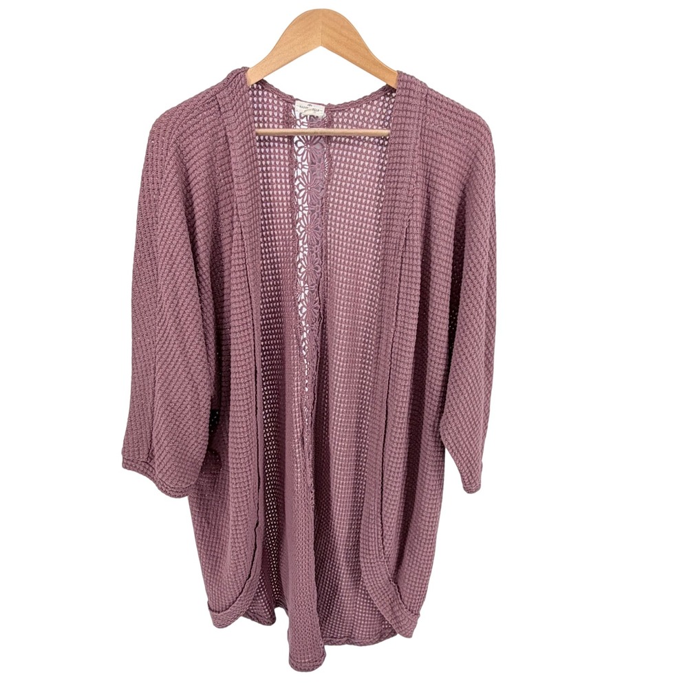 Mason & Belle Mauve Waffle Knit Open Front Cardigan Crochet Lace Back XL